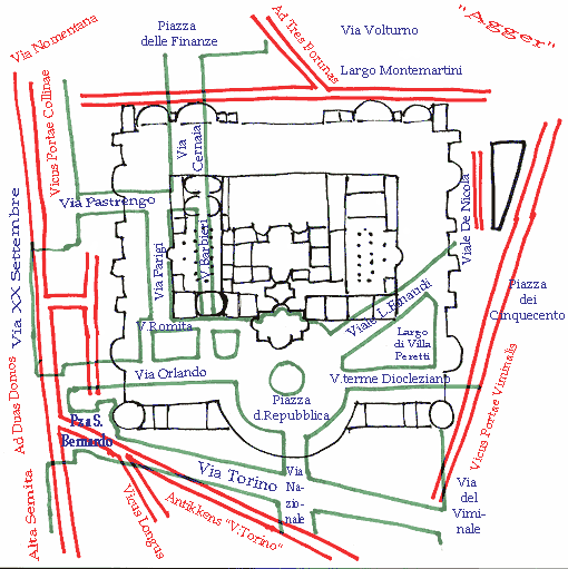 Kort over Diocletian's Termer og de omliggende nuværende og antikke gader