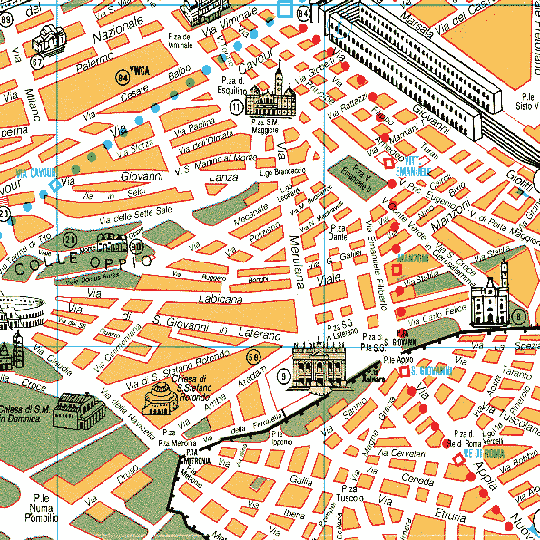 Detaljeret bykort over Roms østlige del, Viminal-, Esquilin-, Oppio- og Celiohøjene samt Lateranet - By courtesy of Rome's Tourist Board 