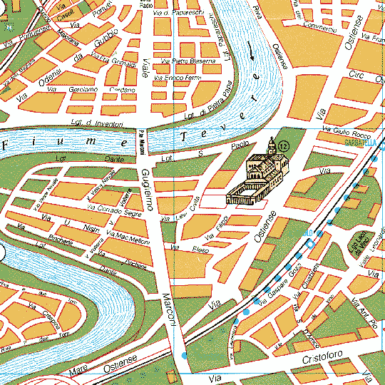 Detaljeret bykort over Roms sydvestlige hjørne, Viale Marconi og Via Ostiense med San Paolo fuori le Mura - By courtesy of Rome's Tourist Board 