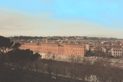 Foto af udsigten fra Parco Savello på Aventin mod vest: ud over Trastevere